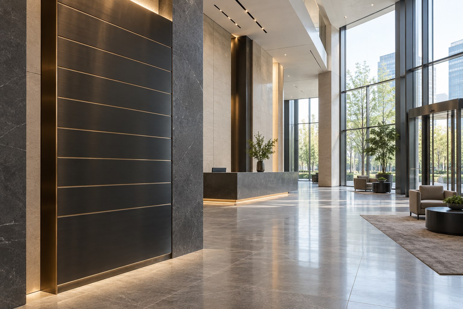 Contemporary corporate lobby with an integrated blackened stainless steel directory feature